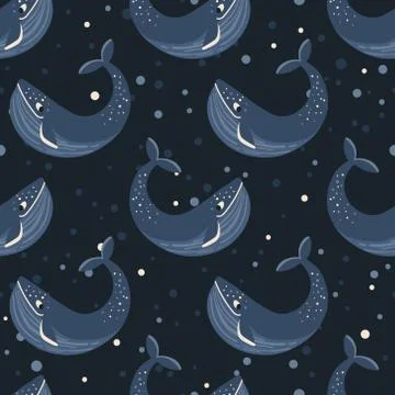 Vector seamless pattern with whales. Repeated texture with marine mammals. Illustrazione stock