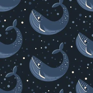 Vector seamless pattern with whales. Repeated texture with marine mammals. Stock Illustration