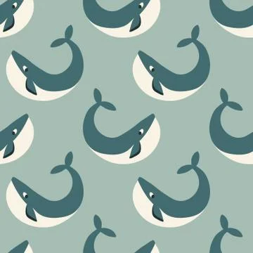 Vector seamless pattern with whales. Repeated texture with marine mammals. Stock Illustration
