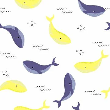 Vector seamless pattern with whale.Underwater cartoon creatures.Marine Stock Illustration