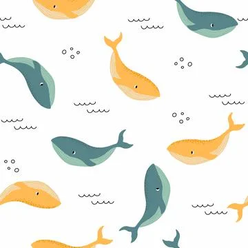 Vector seamless pattern with whale.Underwater cartoon creatures.Marine Stock Illustration