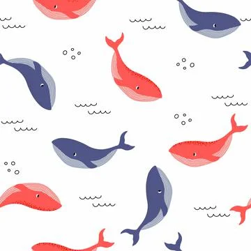 Vector seamless pattern with whale.Underwater cartoon creatures.Marine Illustrazione stock