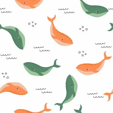 Vector seamless pattern with whale.Underwater cartoon creatures.Marine Stock Illustration