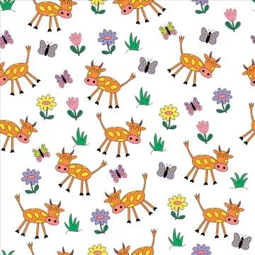 Vector seamless pattern on a white background, cute cartoon cows, flowers and Stock Illustration