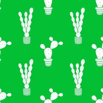 Vector seamless pattern with white cacti on a green background 스톡 일러스트