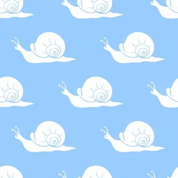 Vector seamless pattern with white cute snails in flat style on blue backgrou Illustrazione stock