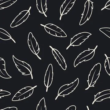 Vector Seamless Pattern with White Different Black Fluffy Feather Silhouettes on イラスト素材