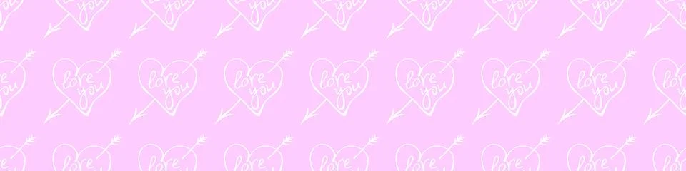 Vector seamless pattern of white doodle hearts with an arrow and lettering lo イラスト素材