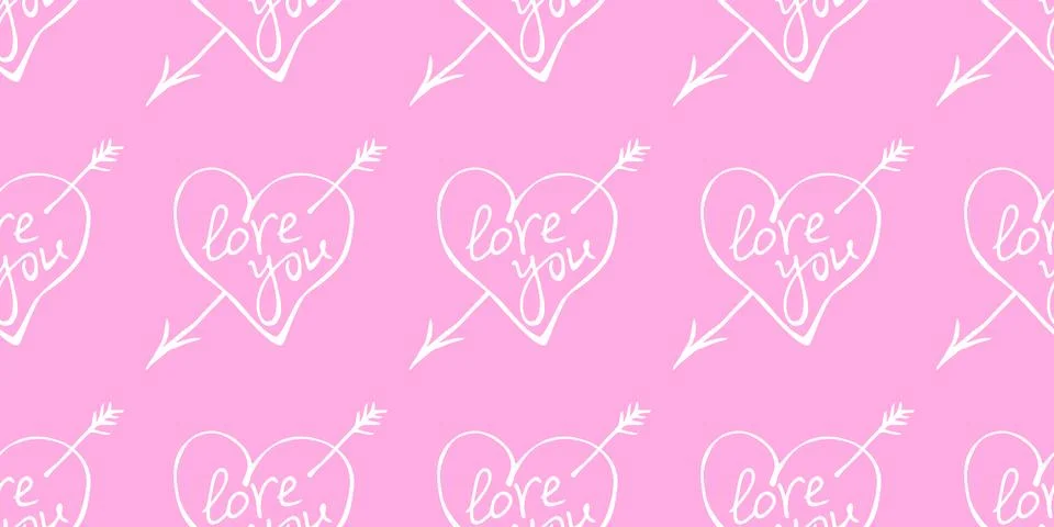 Vector seamless pattern of white doodle hearts with an arrow and lettering lo Stockillustratie