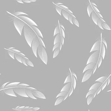 Vector seamless pattern, white feathers on gray background. 스톡 일러스트