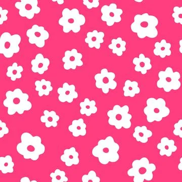 Vector seamless pattern with white hand drawn flowers on pink background. Doo Stock Illustration