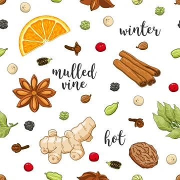 Vector seamless pattern on white with mulled wine Stock Illustration