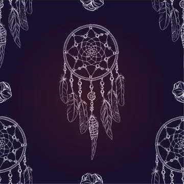 Vector seamless pattern with white outline Dream catcher on dark blue  Stock Illustration