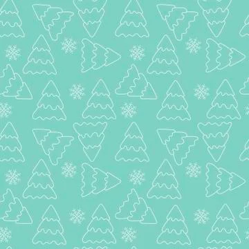 Vector seamless pattern. White outline of fir tree and falling snowflakes イラスト素材