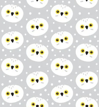 Vector seamless pattern of white owl face and snow Stock Illustration