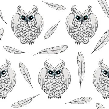 Vector seamless pattern with white polar owls and feathers. Stock Illustration