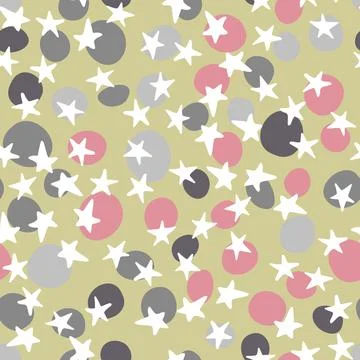 Vector seamless pattern with white stars and multicolored dots . Hand drawn c Illustrazione stock