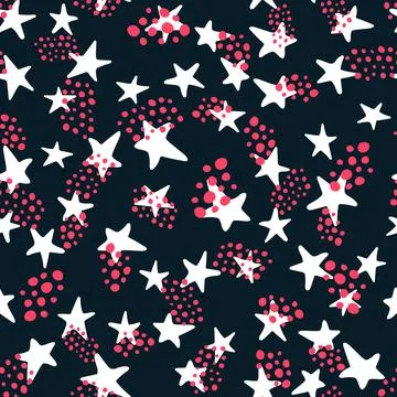 Vector seamless pattern with white stars and pink dots on dark blue backgroun Stock Illustration