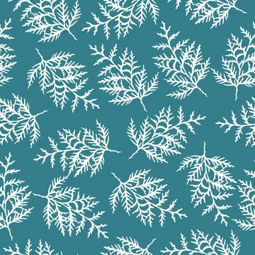 Vector seamless pattern with white thuja on blue background Stock Illustration