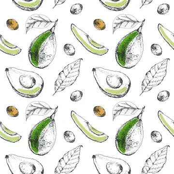 Vector seamless pattern with whole avocado, sliced pieces. Stock Illustration
