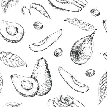 Vector seamless pattern with whole avocado, sliced pieces. Stock Illustration