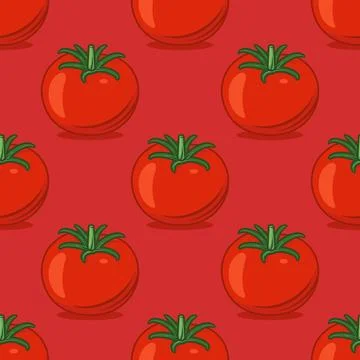 Vector Seamless Pattern with Whole Red Tomato on Red Background. Fresh Tomato Illustrazione stock