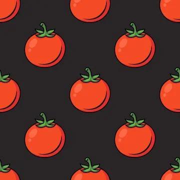 Vector Seamless Pattern with Whole Red Tomato on Black Background. Fresh Tomato Illustrazione stock