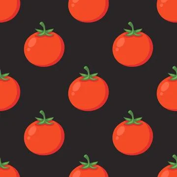 Vector Seamless Pattern with Whole Red Tomato on Black Background. Fresh Tomato Illustrazione stock
