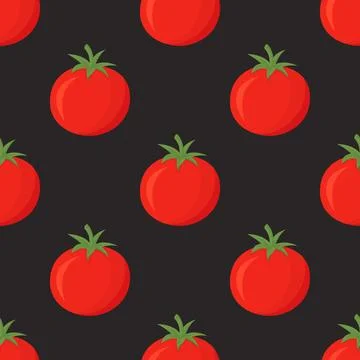 Vector Seamless Pattern with Whole Red Tomato on Black Background. Fresh Tomato Illustrazione stock