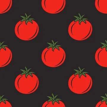 Vector Seamless Pattern with Whole Red Tomato on Black Background. Fresh Tomato Illustrazione stock