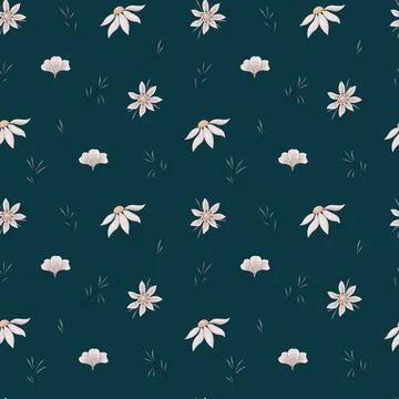 Vector seamless pattern of wild beige daisies and dark green thin leaves Stock Illustration