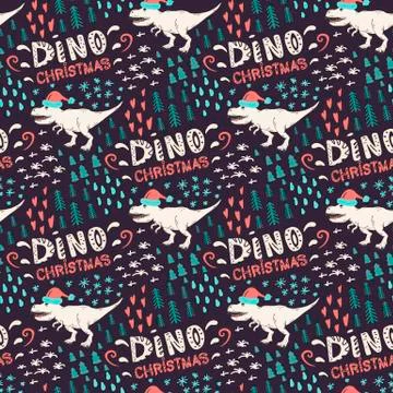 Vector seamless pattern with wild dino in santa claus hat Stock Illustration
