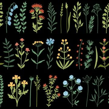 Vector seamless pattern with wild flowers and grass Stock Illustration