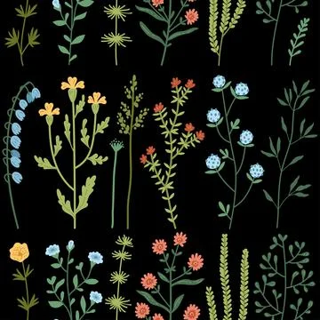 Vector seamless pattern with wild flowers and grass Illustrazione stock