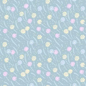 Vector seamless pattern with wildflowers and herbs. Yellow, purple and pink.. Stock Illustration