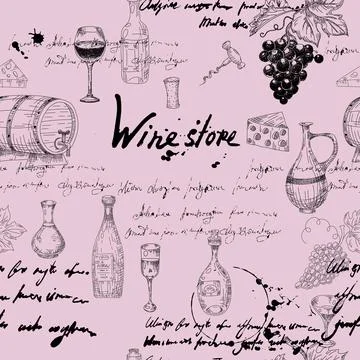 Vector Seamless pattern Wine grape branche, bottles, glasses, unreadable text Stock Illustration
