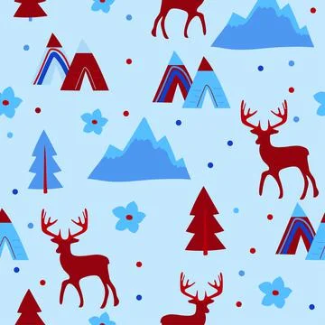Vector seamless pattern. Winter repeated texture with deer and forest tree Stock Illustration