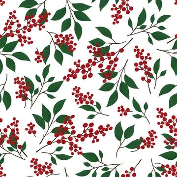 Vector seamless pattern with winterberry and branches hand drawn. Stock Illustration