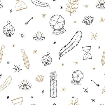 Vector seamless pattern of witch magic. A hand-drawn, doodles of a magician. Stock Illustration