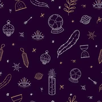 Vector seamless pattern of witch magic. A doodles of witchcraft, a feather Stock Illustration