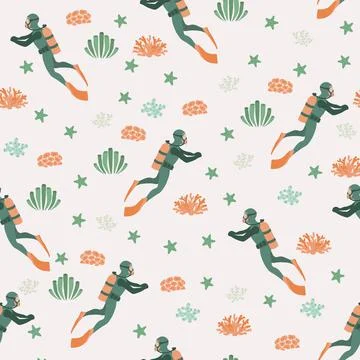 Vector seamless pattern witha diver, algae and starfish .Underwater cartoon Stockillustratie