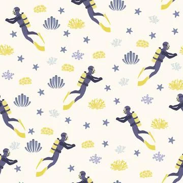 Vector seamless pattern witha diver, algae and starfish .Underwater cartoon 库存插图
