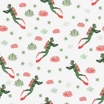 Vector seamless pattern witha diver, algae and starfish .Underwater cartoon Illustrazione stock