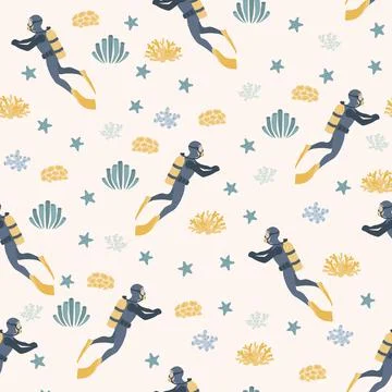 Vector seamless pattern witha diver, algae and starfish .Underwater cartoon Illustrazione stock