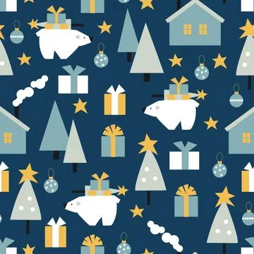 Vector  seamless pattern with wnter houses and polar bear. Stock Illustration