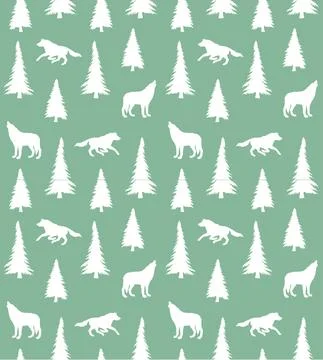 Vector seamless pattern of wolf tree silhouette Stock Illustration
