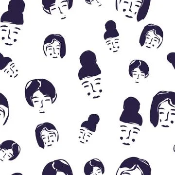 Vector seamless pattern with women faces. Hand drawn vector illustration. Stock Illustration