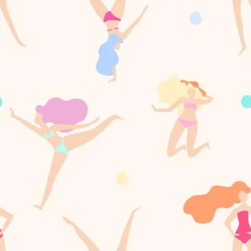 Vector seamless pattern with women in swimsuits on beach Stock Illustration