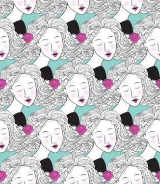 Vector seamless pattern with women's faces. Stock Illustration