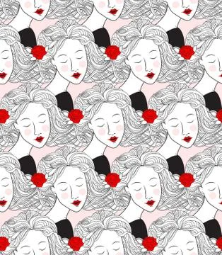 Vector seamless pattern with women's faces. Stock Illustration